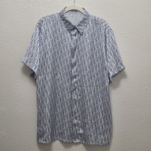 Dior Short-Sleeve Monogram Button-Down Shirt - Light Blue/White